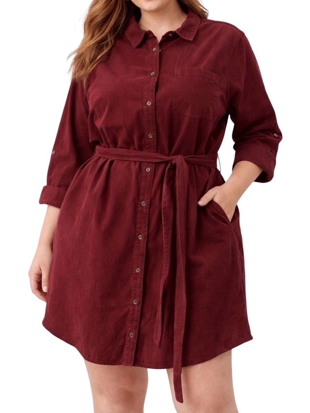 Land’s End Red Berry Corduroy Belted Shirt Dress
